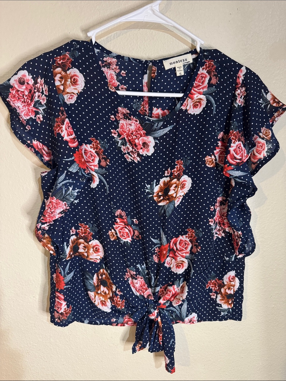 Monteau Navy Floral Tie-Front Crop Top